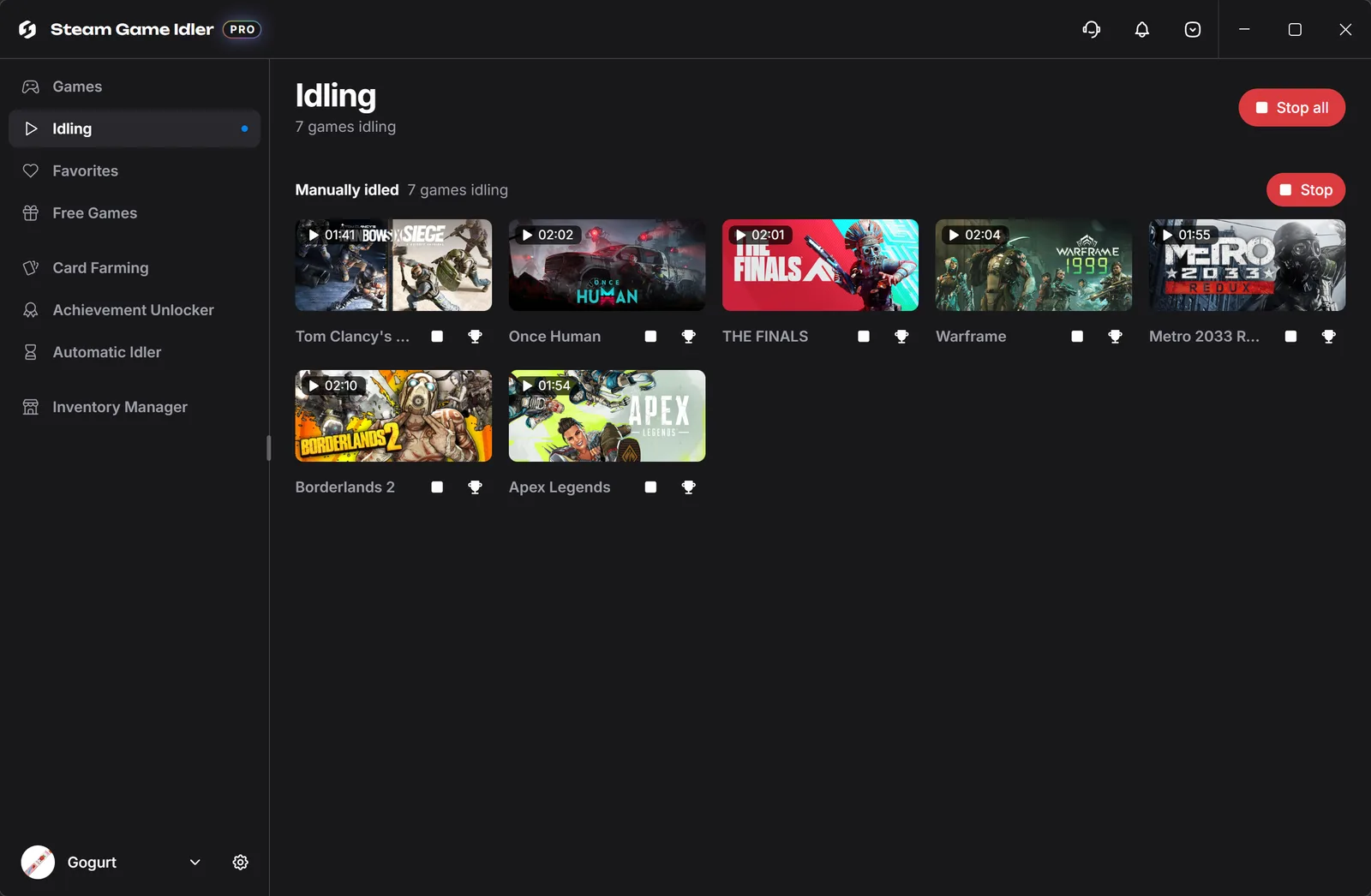 Steam Game Idler's Idling page with seven manually idled games, each with its own running timer, and Stop and Stop all buttons