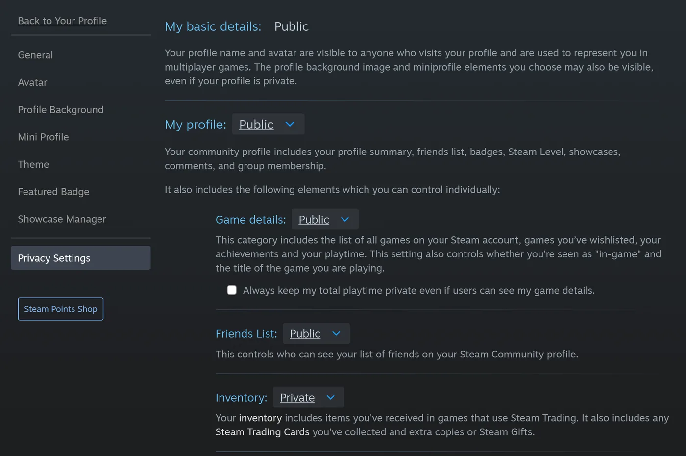 Steam's Privacy Settings with Game details set to Public and the checkbox Always keep my total playtime private even if users can see my game details