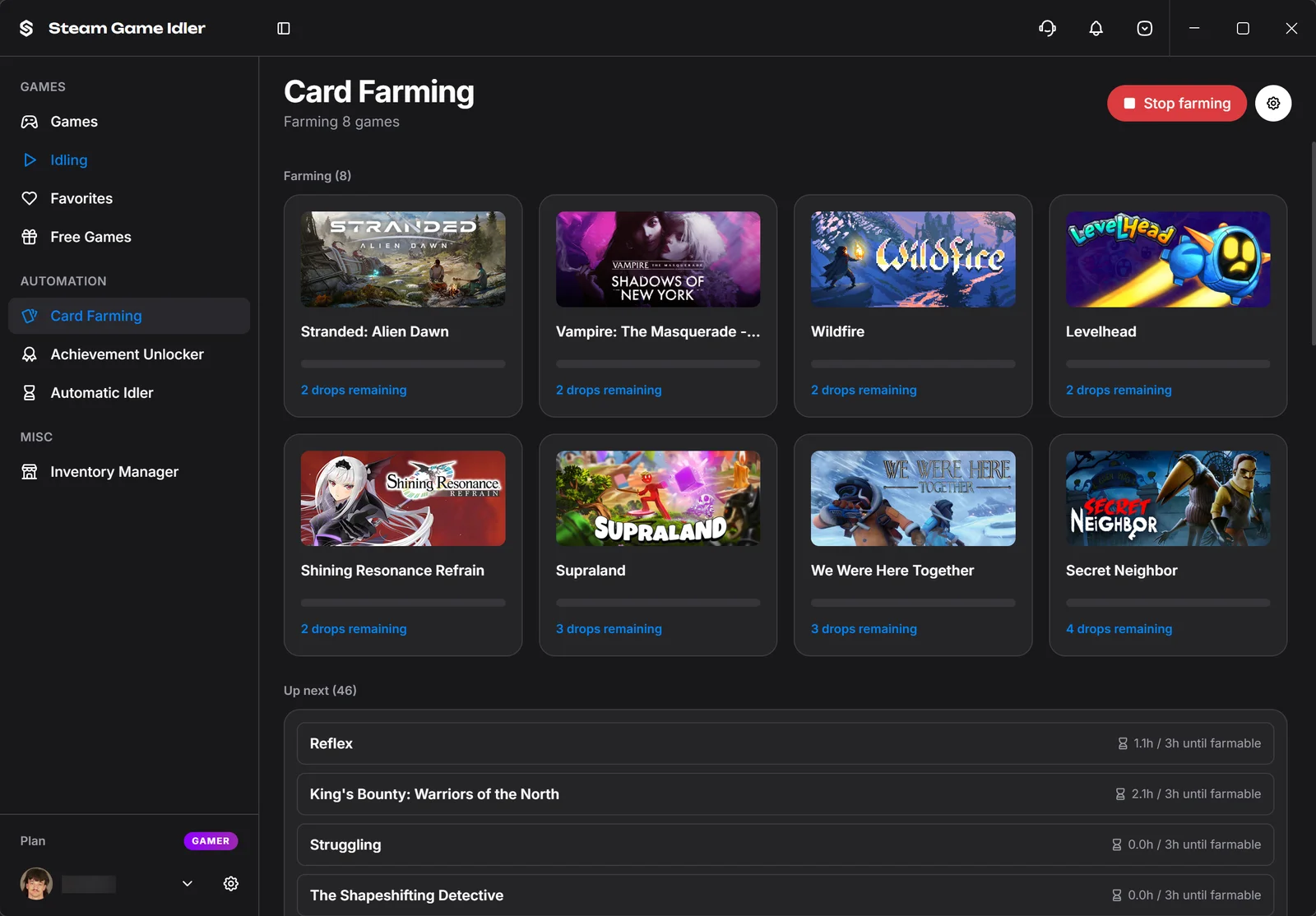 Steam Game Idler card farming page farming 8 games with card drops remaining and a queue of games building playtime