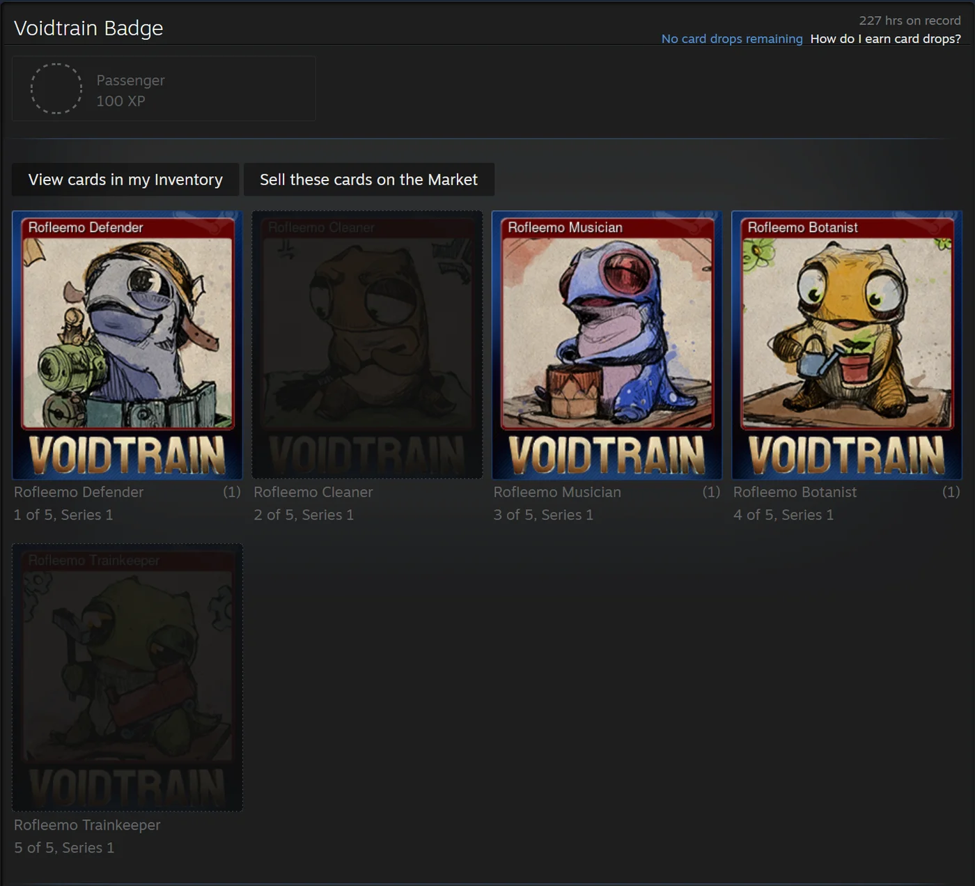 Steam badge page for Voidtrain showing three of five trading cards collected and no card drops remaining