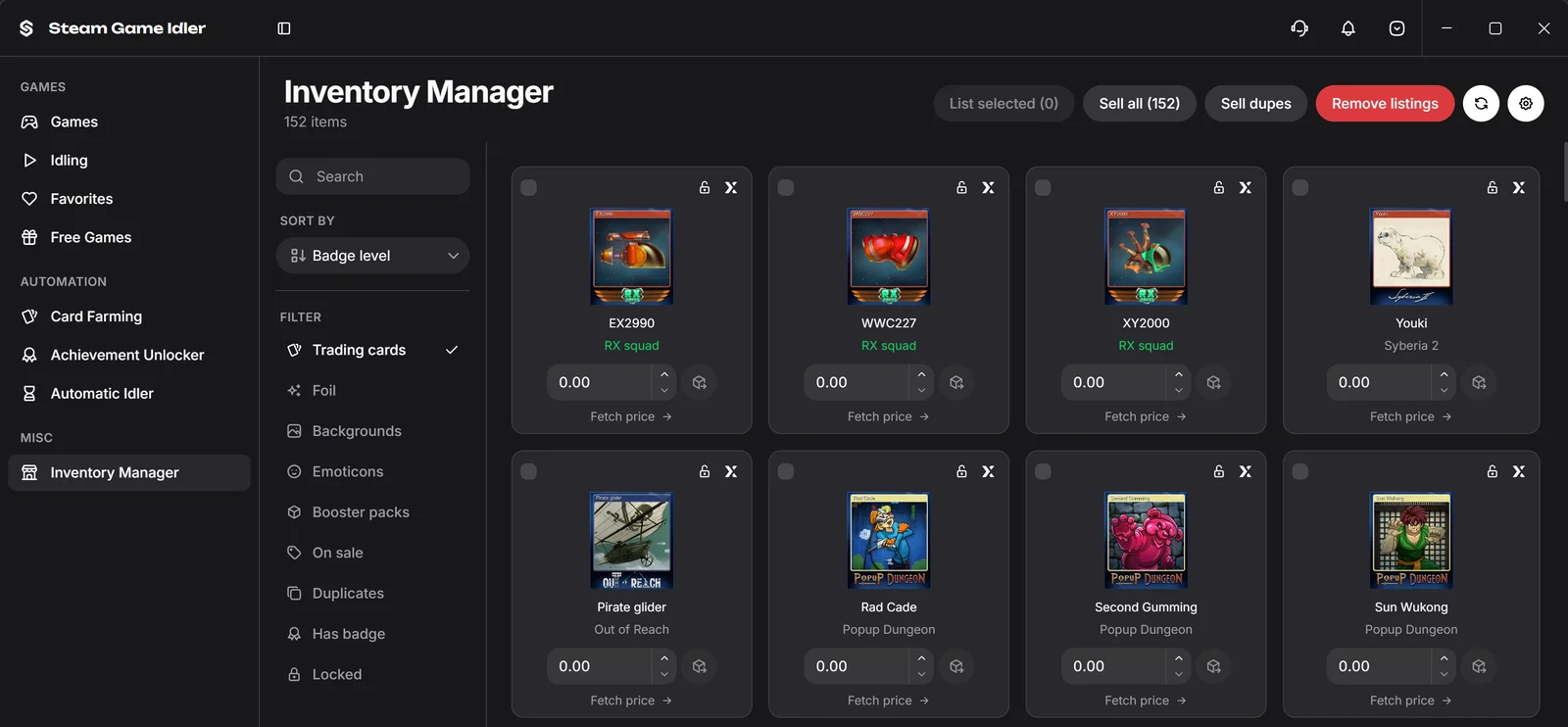 Steam Game Idler's Inventory Manager sorted by badge level, with trading cards from games that already have a crafted badge highlighted in green