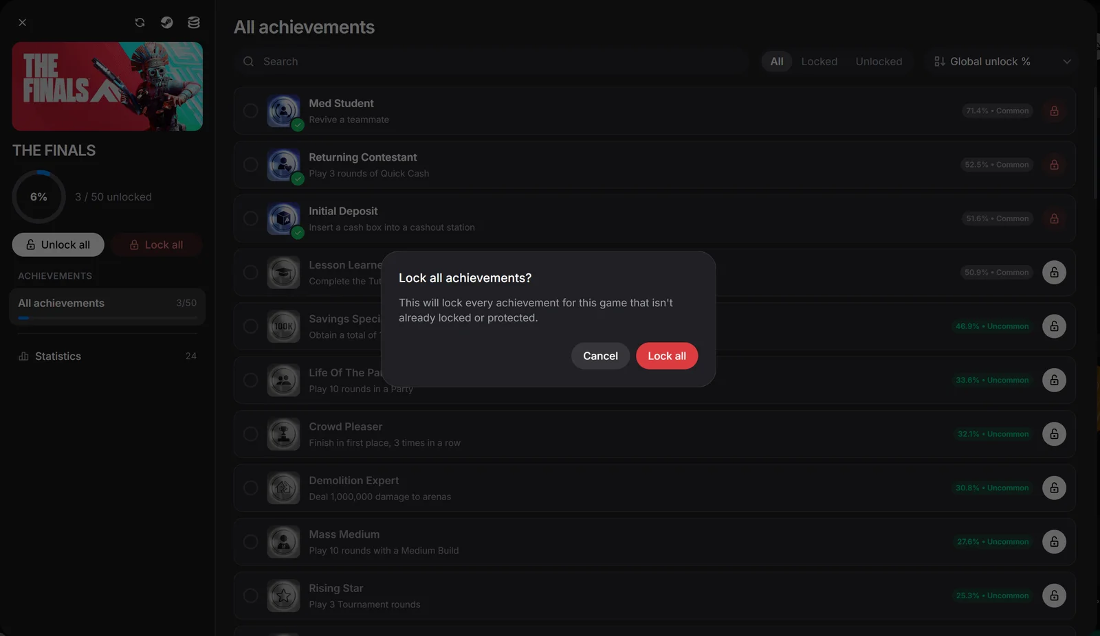 Steam Game Idler's Achievement Manager asking to confirm locking all achievements for THE FINALS, with 3 of 50 achievements unlocked