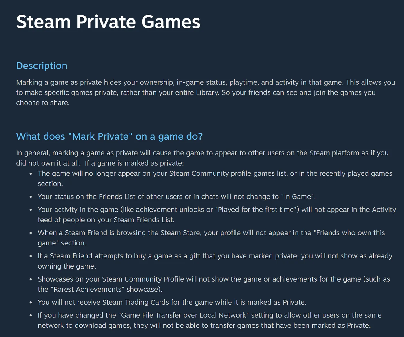 Steam Support's Private Games FAQ listing what marking a game as private hides, including achievement unlocks and the Rarest Achievements showcase