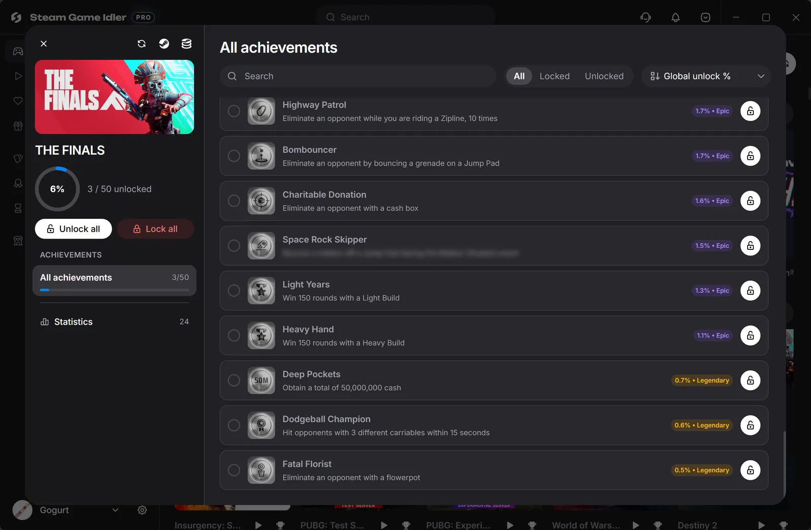 Steam Game Idler's Achievement Manager for THE FINALS sorted by Global unlock %, with achievements from 1.7% Epic down to 0.5% Legendary