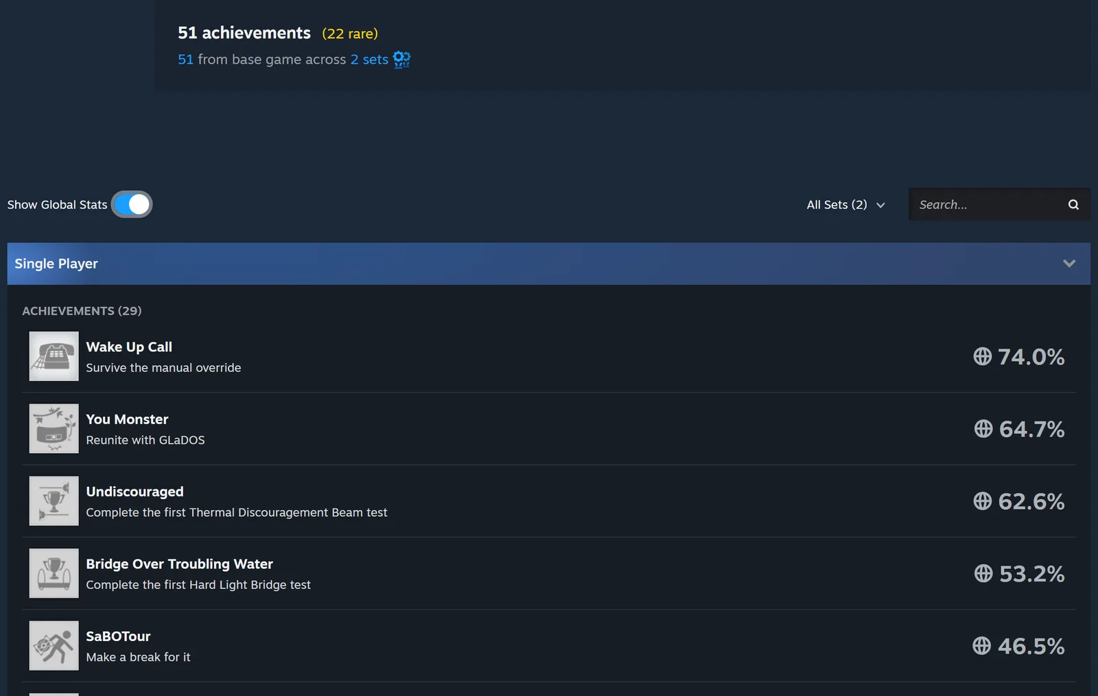 Steam's achievements page for Portal 2 with Show Global Stats switched on, listing 51 achievements (22 rare) and Wake Up Call at 74.0%