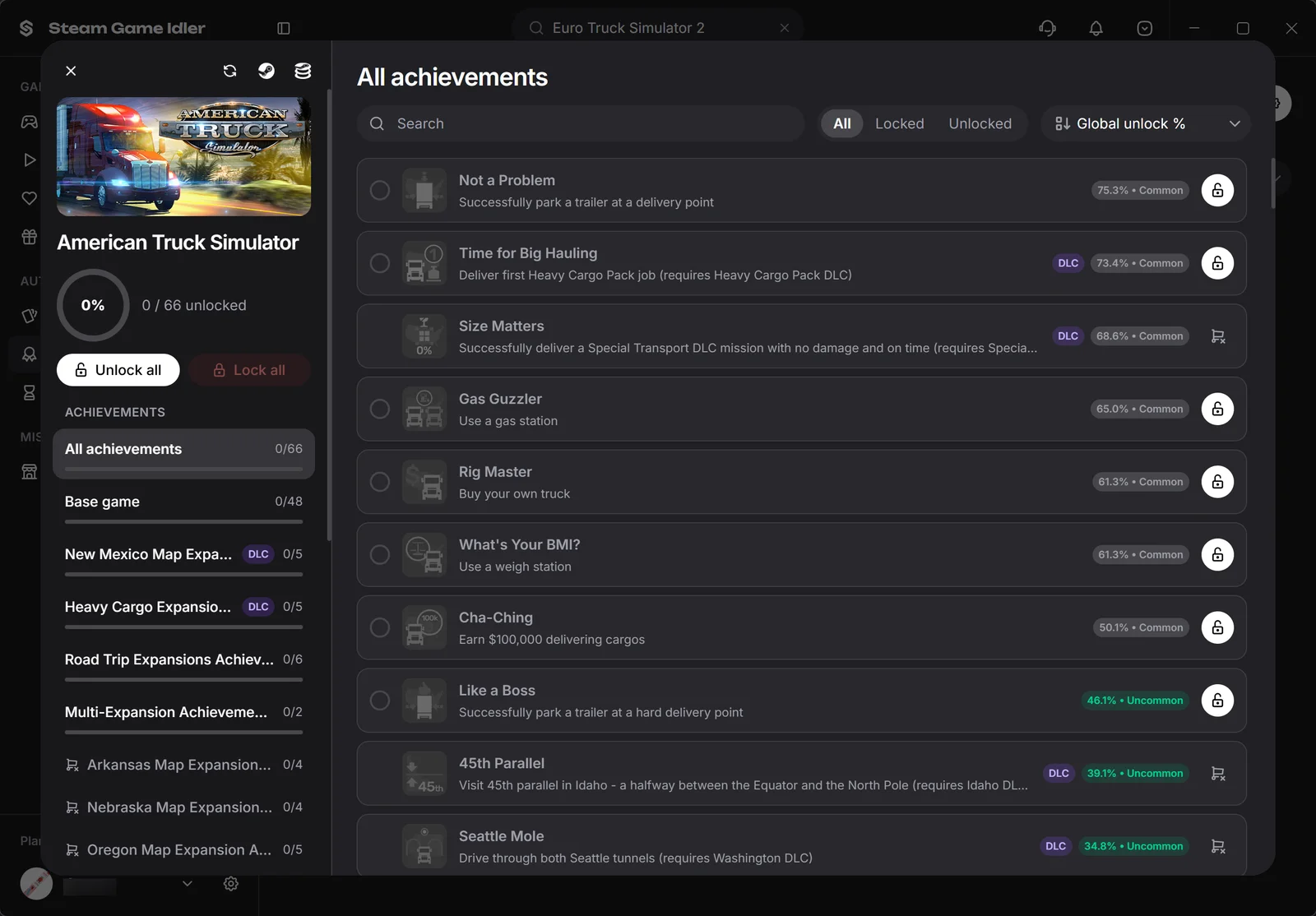 Steam Game Idler's Achievement Manager for American Truck Simulator, listing achievements by base game and DLC set