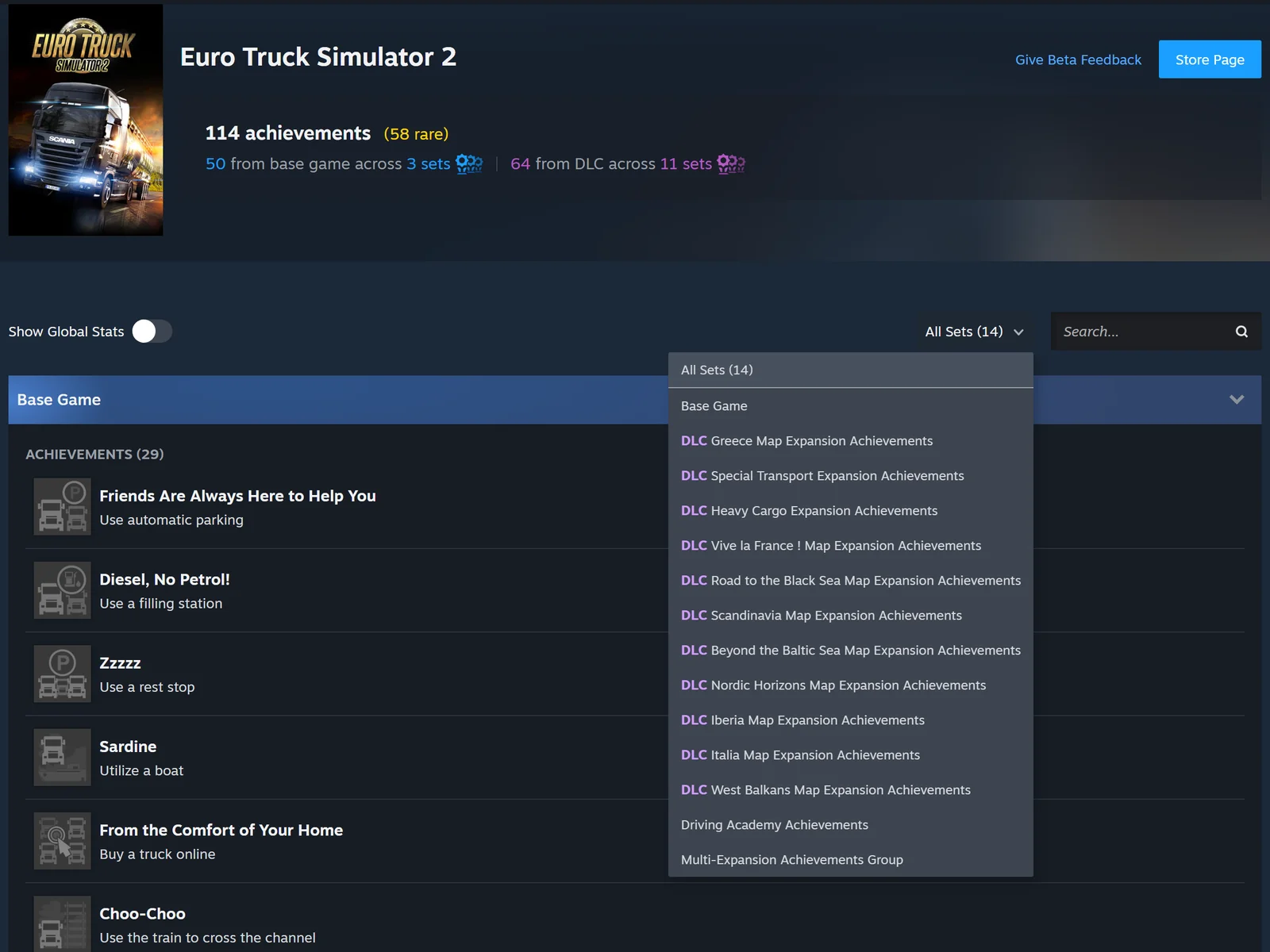 Steam's new achievements page for Euro Truck Simulator 2, listing its base game and DLC achievement sets