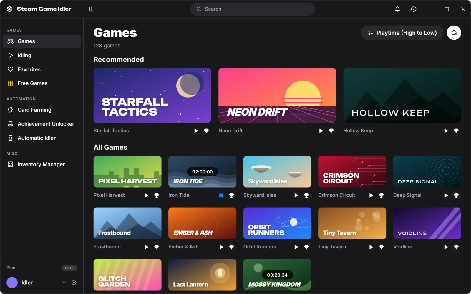 Steam Game Idler's Games page, showing a Steam library with idle and achievement buttons on every game